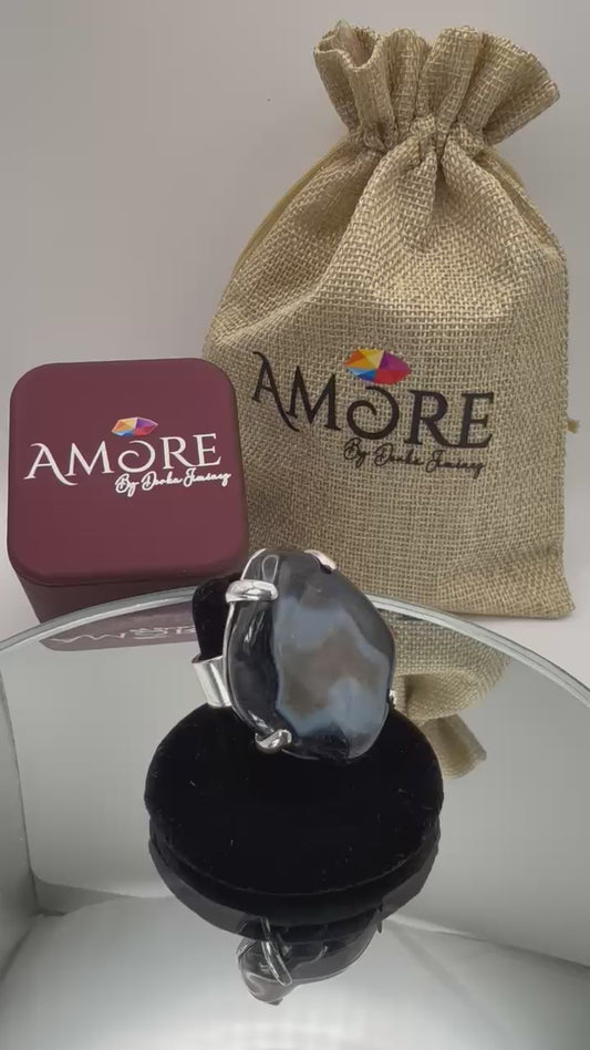 Anillo Agata Negra y Quarzo Blanco